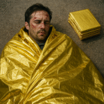 Golden mylar thermal blanket keeping an injured man warm outdoors, emergency survival gear for first aid and protection.