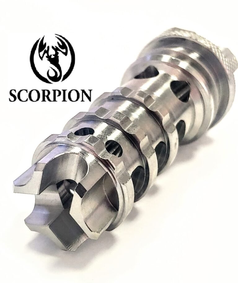 Freedom Gear Advanced Titanium Scorpion Muzzle Brake – USA-made high-resolution Grade 5 titanium brake with Quick Connect Ring compatibility, available in 5/8x24 & 1/2x28 threads for AR-15, .223/5.56, .30 cal, .308, 7.62 & 9mm firearms.