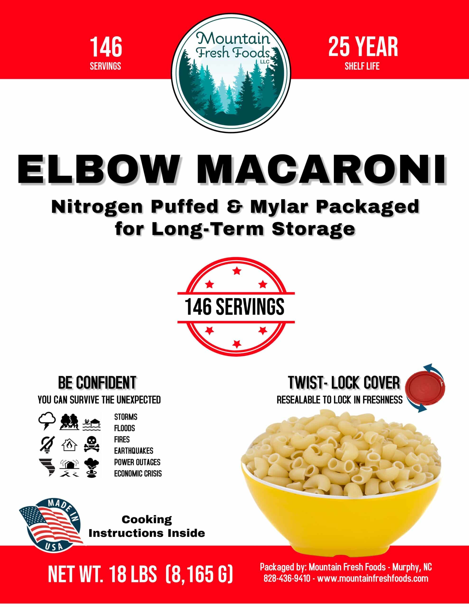 #20 Elbow Macaroni 20lb 146 Servings Emergency Food Supply