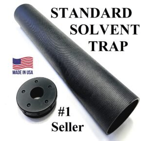 D size legal Solvent Trap 8.5" Aluminum Diamond Knurl tube and Curved Threaded Adapter also available with cups and cap in 1/2 x 28 or 5/8 x 24. WIX 4003 cleaning filter light absorbing flat black.