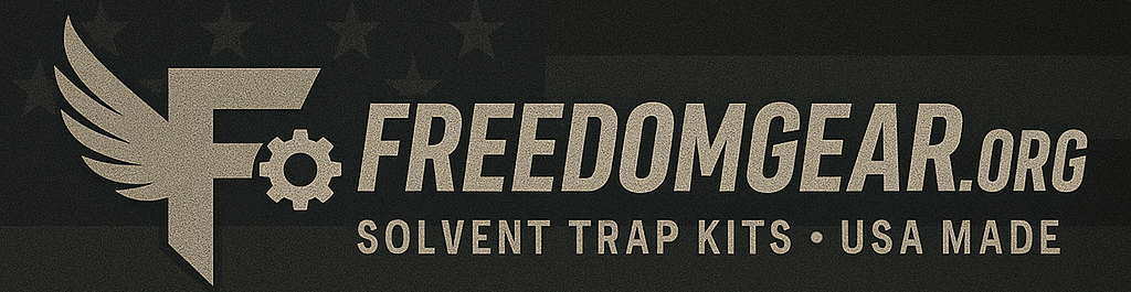 FreedomGear logo with winged F on a dark tactical background and subtle American flag