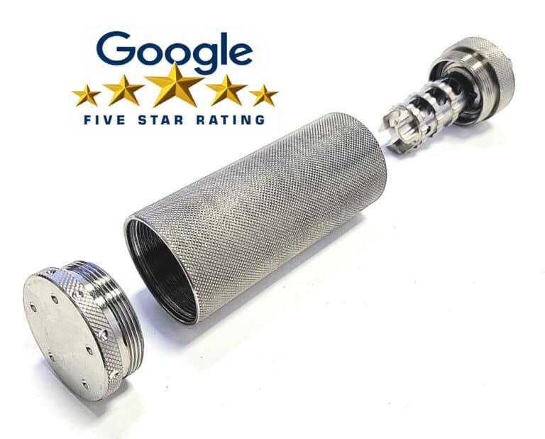 Titanium 3.5-inch solvent trap tube kit with Scorpion brake, quick connect ring, and end piece. CNC USA-made titanium for AR-15, .223/5.56 & .30 cal rifles.
