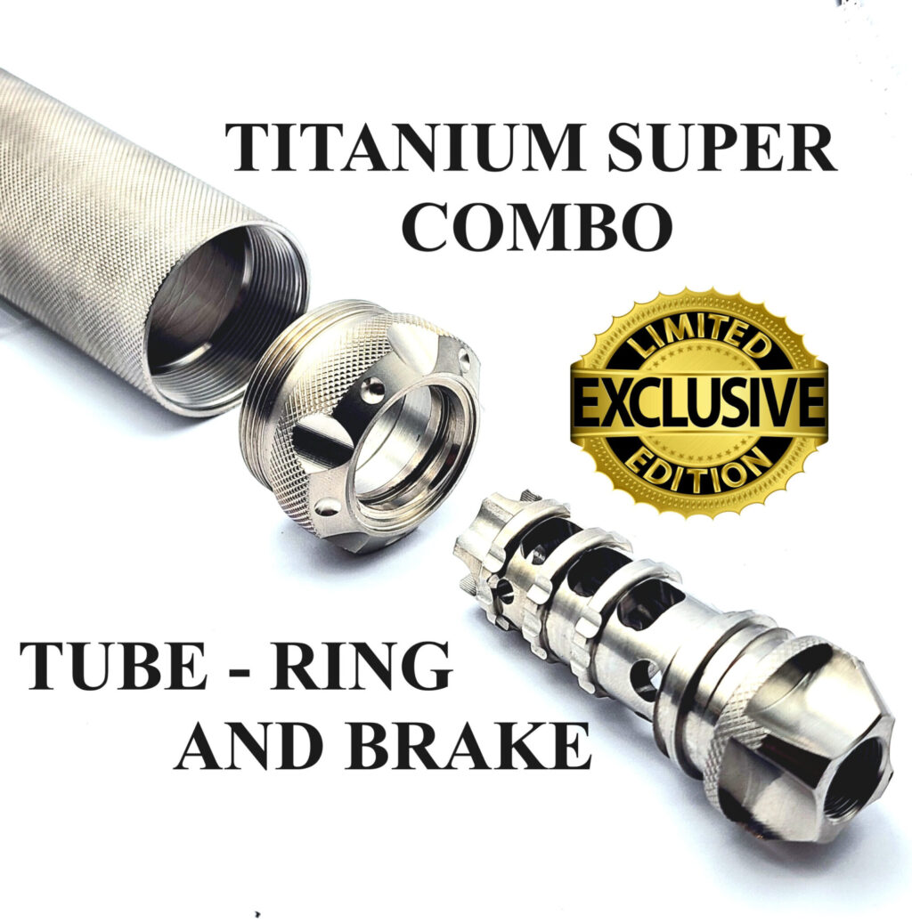 Super Titanium Combo Solvent Trap Kit with Scorpion Muzzle Brake, Viper Style Quick Connect ring and Titanium Tube 1/2 x 28 or 5/8 x 24