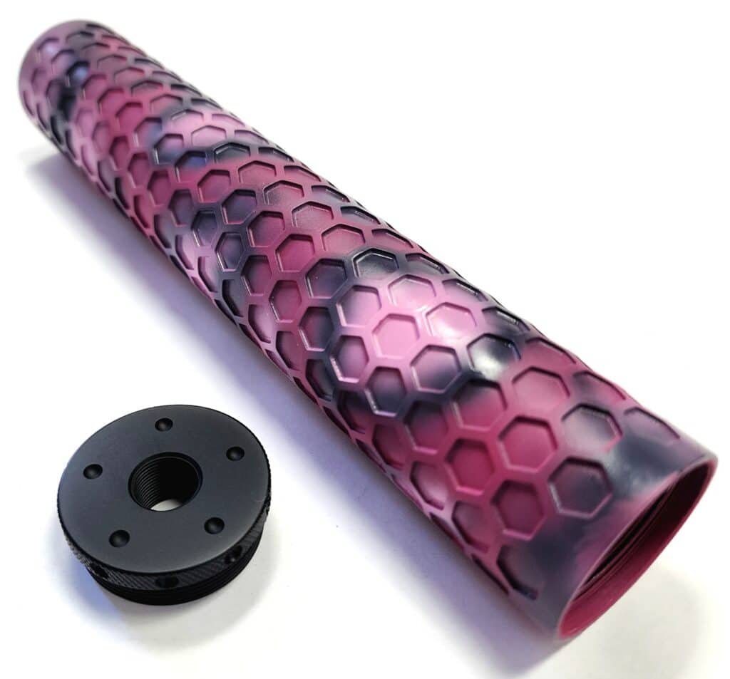 D-Size Legal Solvent Trap 8.5" PINK Cerakote Aluminum Hex Blast tube and flat threaded adapter. Also available with cap, and cups in 1/2 x 28 or 5/8 x 24. WIX 4003 cleaning filter in Tactical light absorbing Black, Grey, White or even Cerakote Tan or Pink finish. Don't forget our stainless steel mesh filters to complete your firearm cleaning needs.