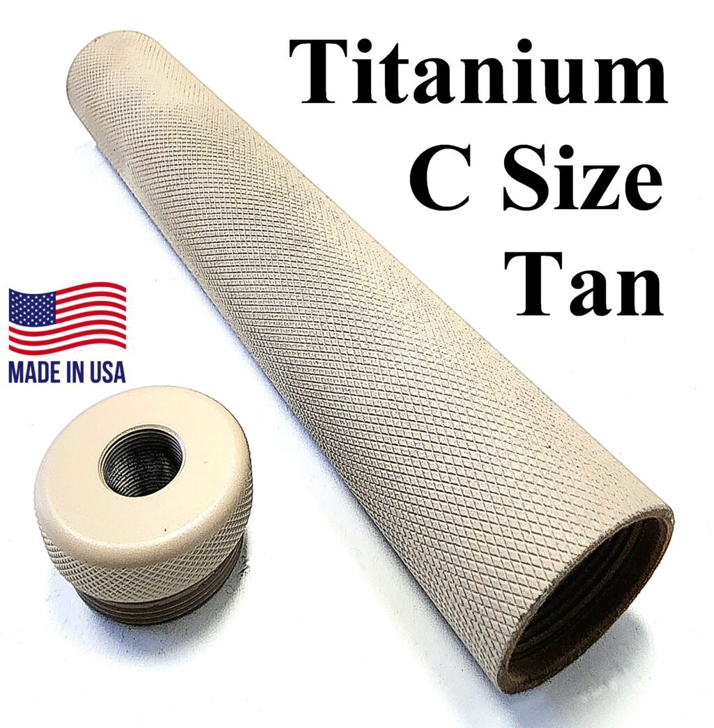 C size legal Solvent Trap 7" Titanium Diamond Knurl tube and Curved Adapter also available with cups and cap in 1/2 x 28 or 5/8 x 24. WIX 4003 cleaning filter light absorbing flat black or tan