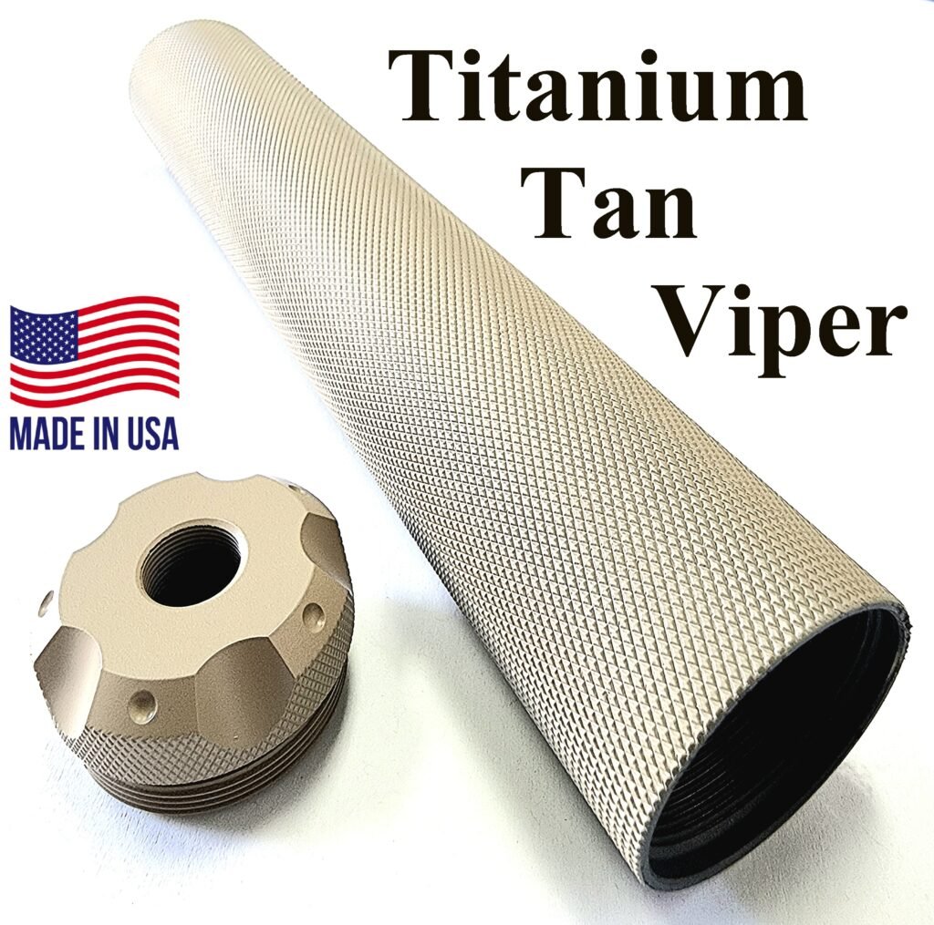 D size legal Solvent Trap 8.5" Titanium Viper tube with threaded viper adapter. Also available with matching solid viper adapter, cap, and cups in 1/2 x 28 or 5/8 x 24. WIX 4003 cleaning filter in tactical light absorbing flat black or tan.