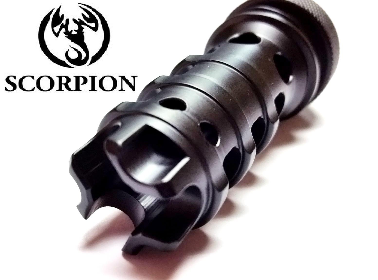 Scorpion STEEL Muzzle Brake Flash Hider Works legal Solvent Trap tube Kit D Sized Quick Connect - 1/2 X 28 TITANIUM Scorpion Muzzle Brake In Raw Finish or Tactical light absorbing black and anodized black. Also available, legal solvent trap tube, threaded adapters, caps, and cups.