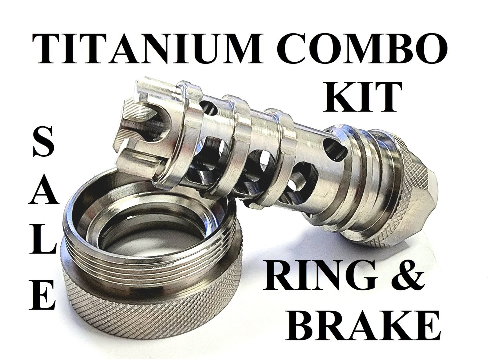 Scorpion Scorpion TITANIUM Muzzle Brake with TITANIUM Ring Combo Kit STEEL Scorpion Muzzle Brake 1/2 x 28 and Quick Connect Ring In RAW FINISH . Also available, legal solvent trap tube, threaded adapters, caps, and cups.