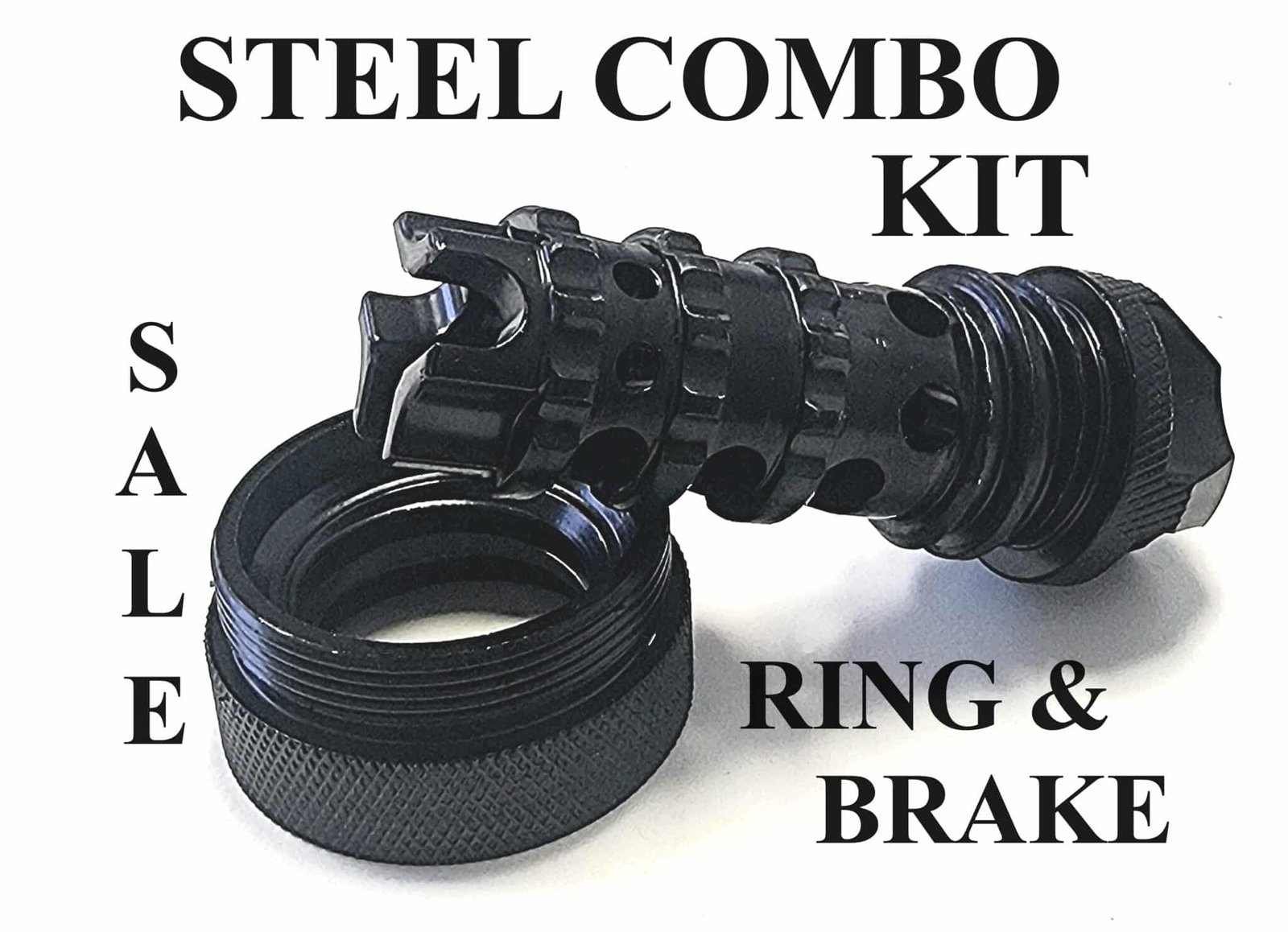 Scorpion Scorpion STEEL Muzzle Brake with STEEL Ring Combo Kit STEEL Scorpion Muzzle Brake 5/8 x 24 and Quick Connect Ring In Semi-Gloss Black Finish . Also available, legal solvent trap tube, threaded adapters, caps, and cups.