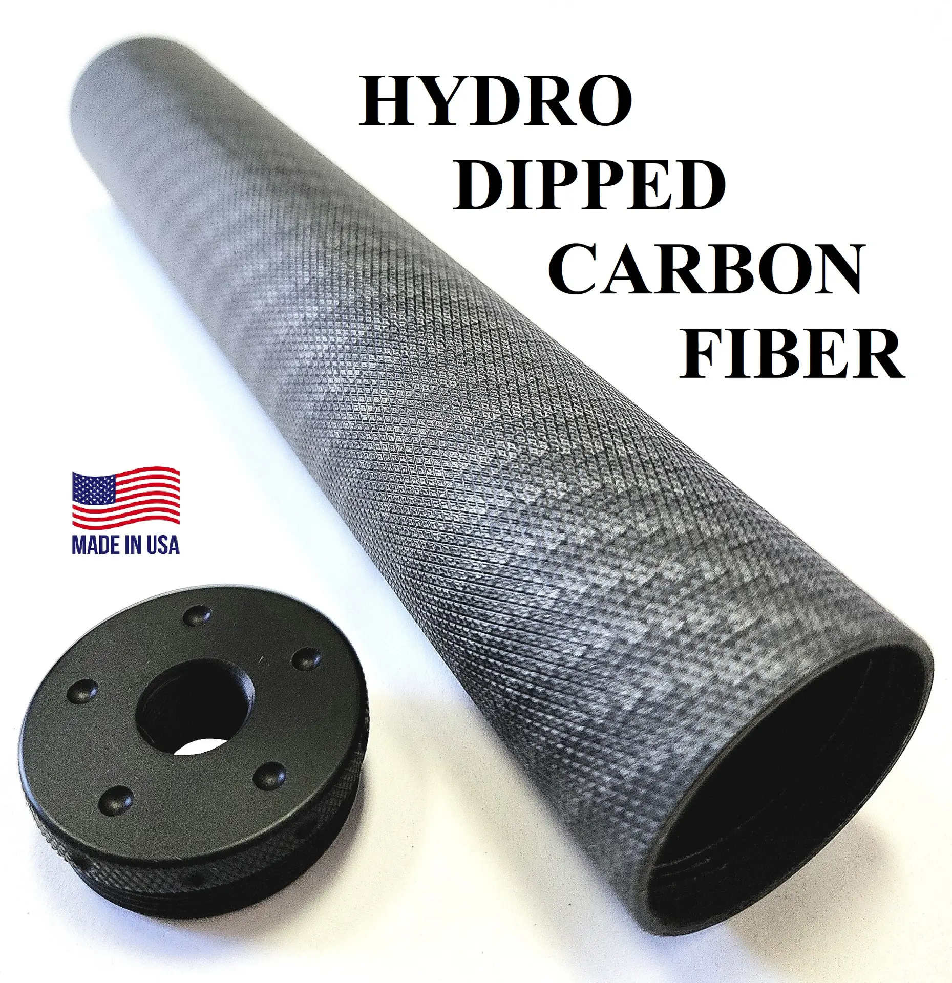 D-Size Aluminum Hydro-Dipped Carbon Fiber Legal Solvent Trap Kit or Projection Tube w/ Adapter 8.5" in Length- *CARBON FIBER Pattern Tube with 5/8 x 24 FLAT Adapter. Also available solid caps and cups with 1/2 x 28 or 5/8 x 24 cleaning kit. WIX 4003 cleaning filter. Don't forget our stainless steel mesh filters