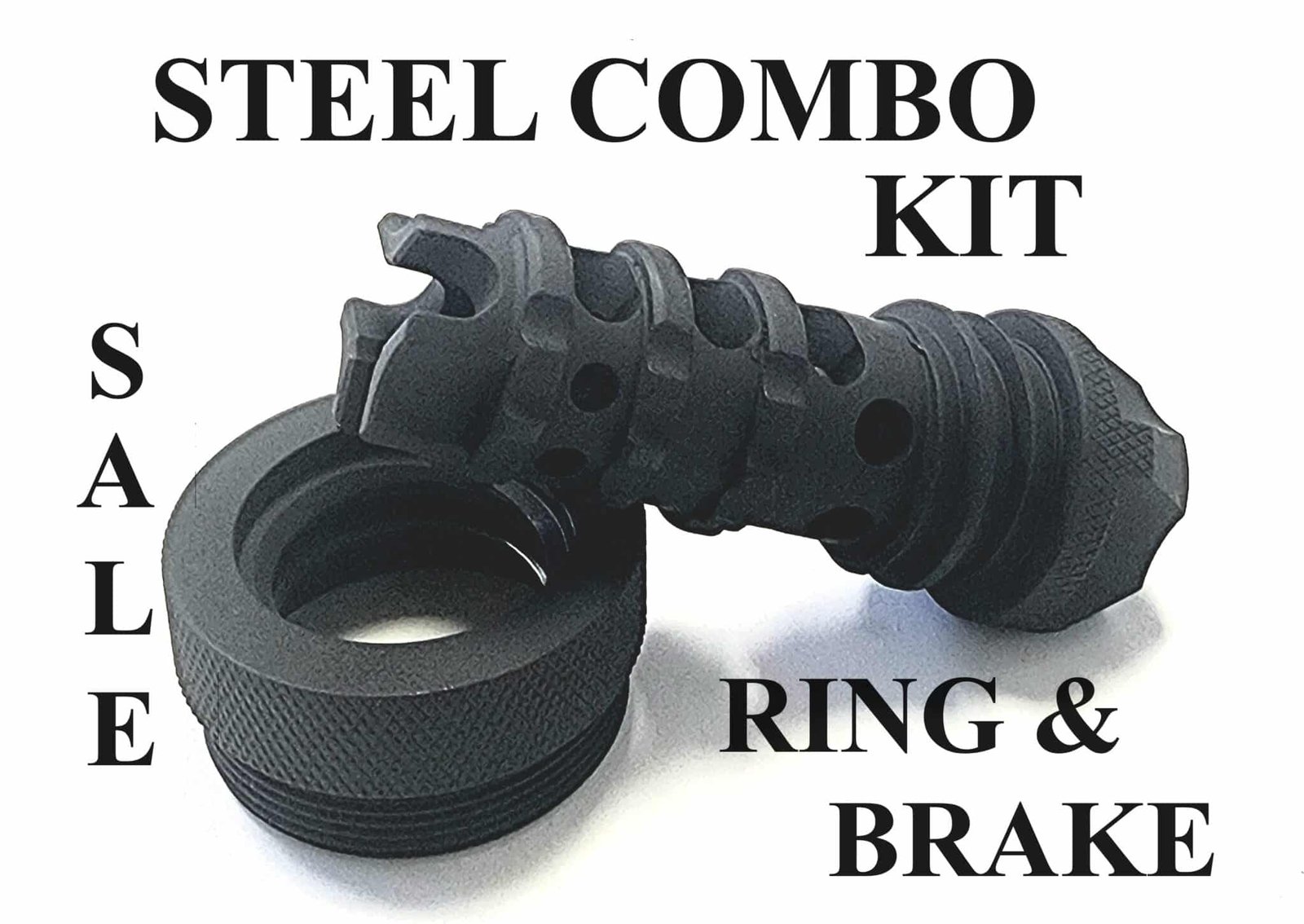 Scorpion Scorpion STEEL Muzzle Brake with STEEL Ring Combo Kit STEEL Scorpion Muzzle Brake 5/8 x 24 and Quick Connect Ring In Ultra Light Absorbing Tactical Flat Black . Also available, legal solvent trap tube, threaded adapters, caps, and cups.