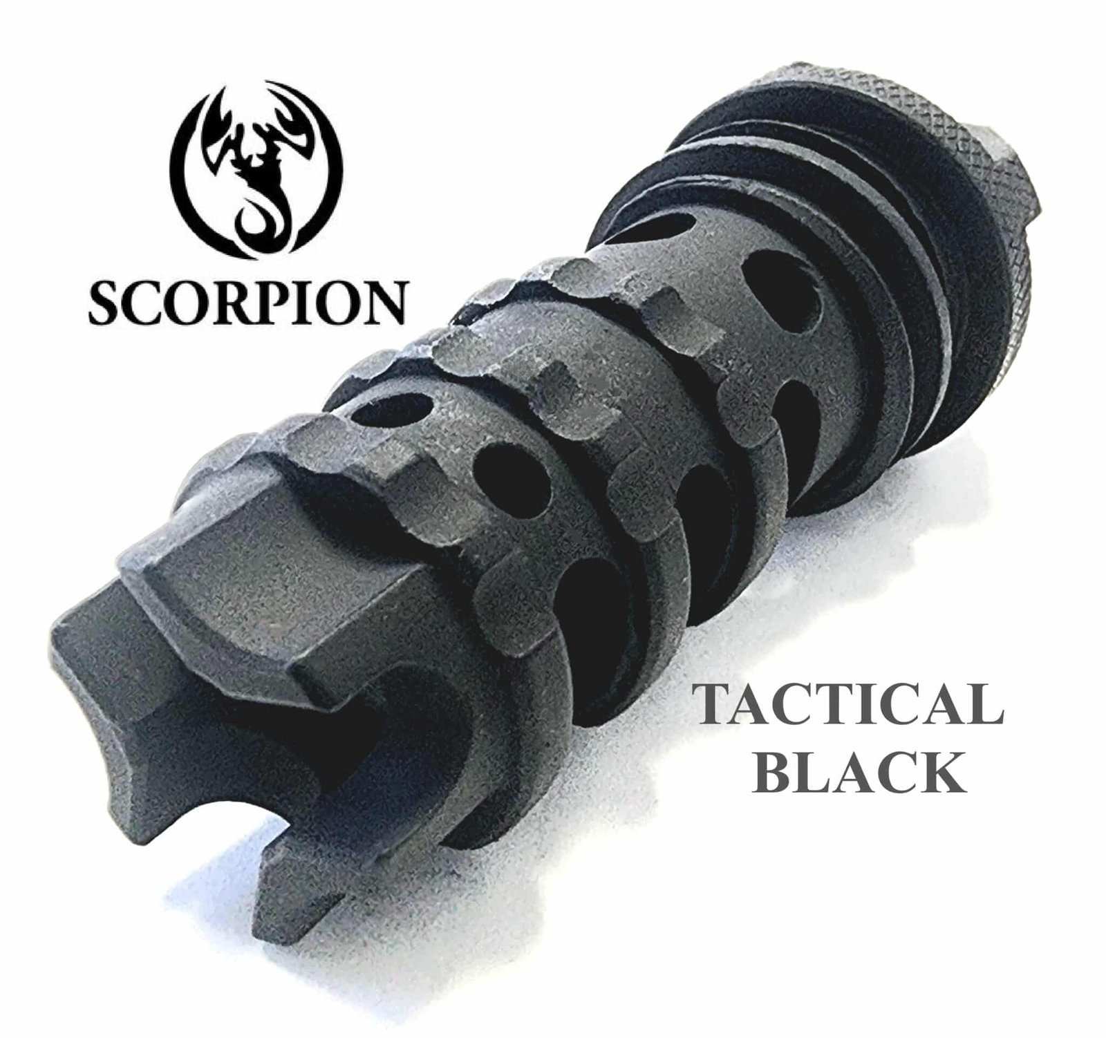 Scorpion STEEL Muzzle Brake Flash Hider Works legal Solvent Trap tube Kit D Sized Quick Connect - 5/8 X 28 STEEL Scorpion Muzzle Brake In Raw Finish or Tactical light absorbing Black. Also available, legal solvent trap tube, threaded adapters, caps, and cups.