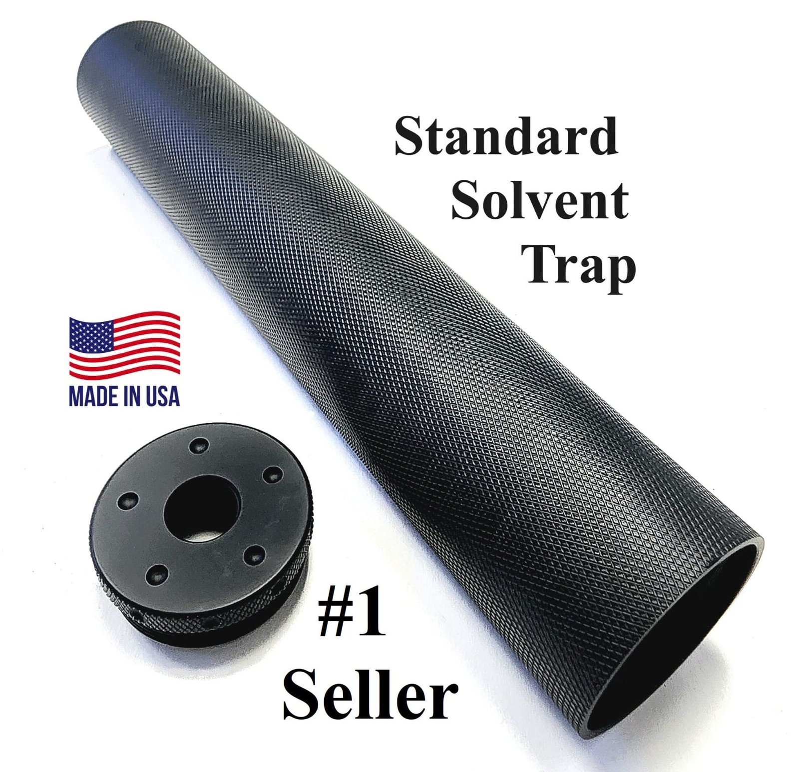 D size legal Solvent Trap 8.5" Aluminum Diamond Knurl tube and Curved Threaded Adapter also available with cups and cap in 1/2 x 28 or 5/8 x 24. WIX 4003 cleaning filter light absorbing flat black.