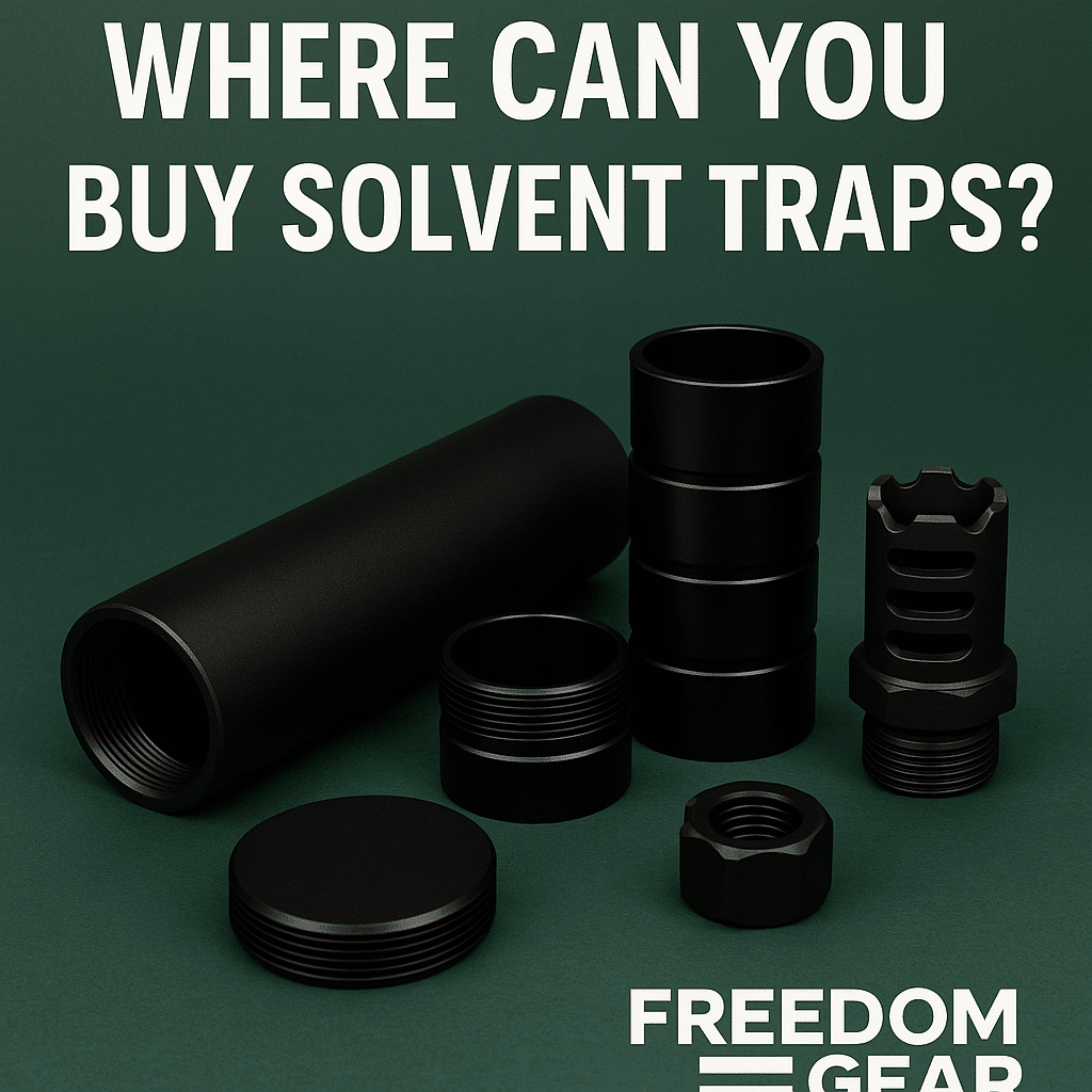 Where can you buy solvent traps? Freedom Gear solvent trap kit with tube, cups, adapter, and muzzle brake on tactical background