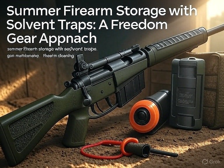 Rifle and D-sized solvent trap in shaded safe for summer storage