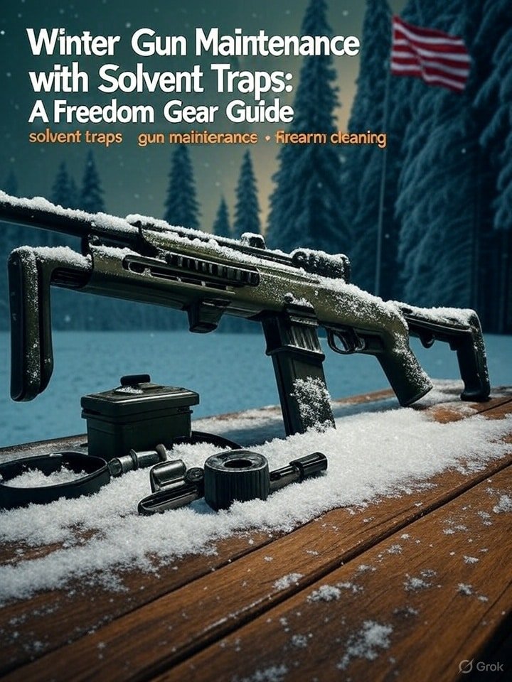 Snow-covered rifle with Freedom Gear D-sized solvent trap kit