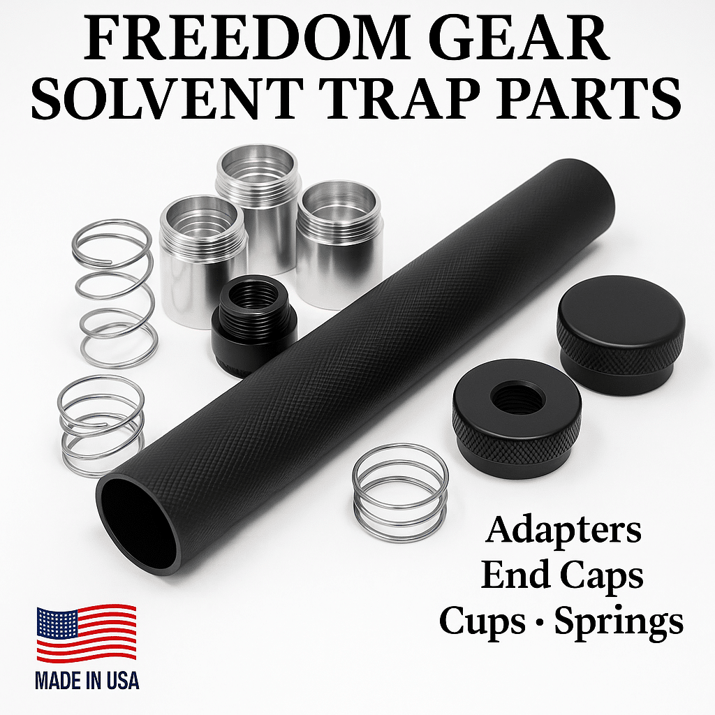 Freedom Gear solvent trap adapters and parts — threaded adapters, solid ends, solvent trap cups, and muzzle brakes displayed on tactical background, Maglite compatible