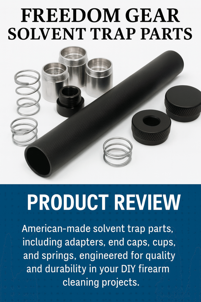 Product review banner showing Freedom Gear solvent trap parts kit with adapters, cups, end caps, springs, and Made in USA badge.