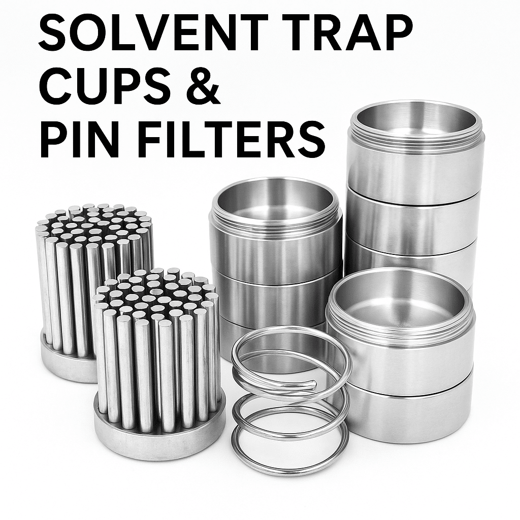 Threaded solvent trap cups stacked with spring and pin filters, aluminum and titanium, designed for firearm cleaning only, not baffles.