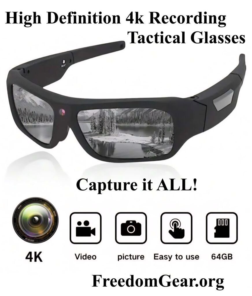 Tactical 4K video recording smart glasses with hidden POV camera, 2 hours record time and 64GB memory for hands-free filming.