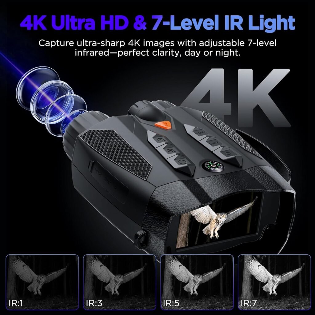 4K digital night vision binoculars with built-in compass, 3W fill light, upgraded 5W infrared, 3" IPS screen and 10X zoom for hunting, tactical use and wildlife observation at night.