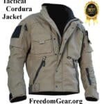 Men’s 1000D CORDURA tactical field jacket with urethane weather coating, double-layer elbows, 12 pockets, MOLLE forearm, articulated spine pad, and drag strap — FreedomGear.org