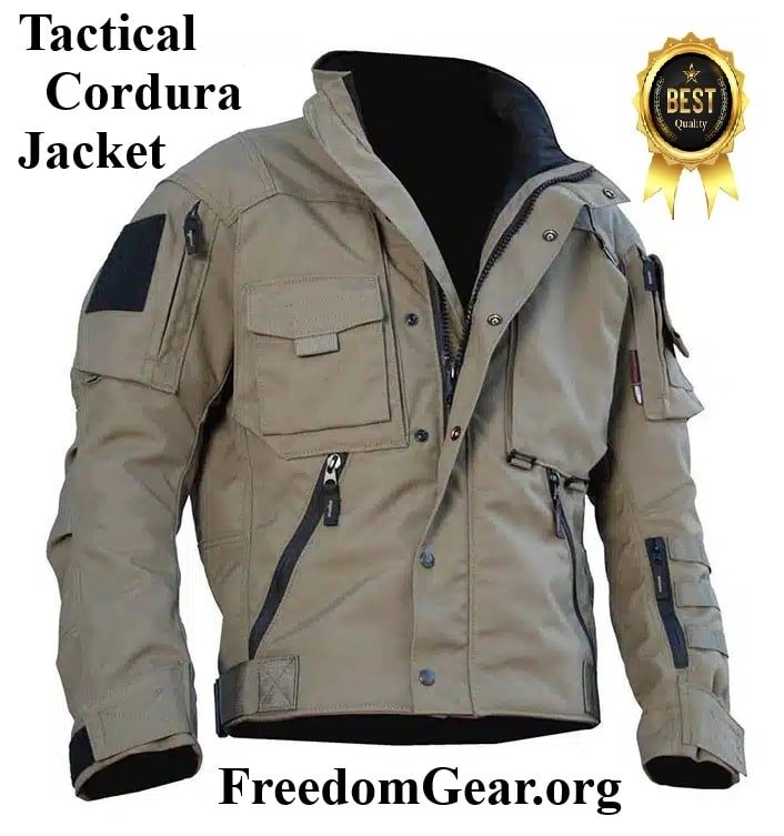Men’s 1000D CORDURA tactical field jacket with urethane weather coating, double-layer elbows, 12 pockets, MOLLE forearm, articulated spine pad, and drag strap — FreedomGear.org