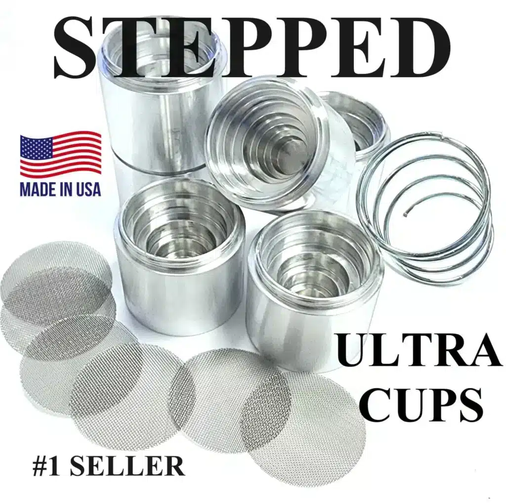 Stepped cups solvent trap cup kit with precision cup inserts for solvent trap cleaning systems, designed to capture cleaning solvent runoff and residue during firearm barrel maintenance.